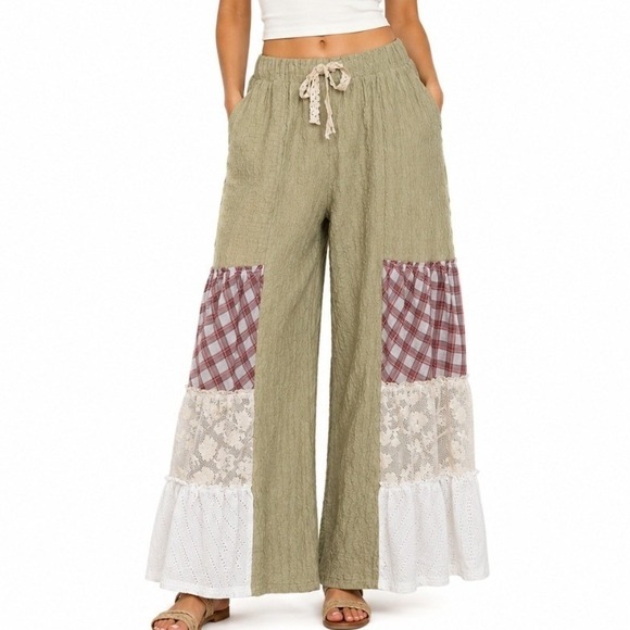 Fantastic Fawn Pants - Fantastic Fawn Wide Leg Pants Women Size S Green Plaid Lace Patchwork Cool Girl
